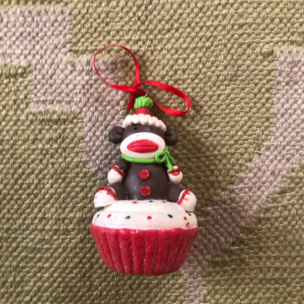 Sock Monkey Sitting on a Cupcake Ornament